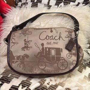 Coach Tan Shoulder Bag with Horse-Drawn Carriage Print